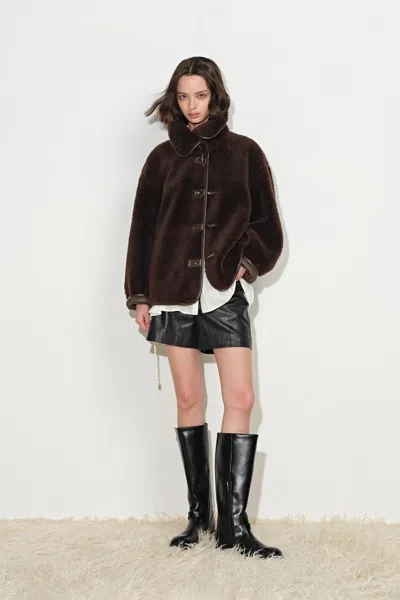 Fabrique Hazel Black Reversible Shearling Jacket In 100% Wool Pile In Earth Tone