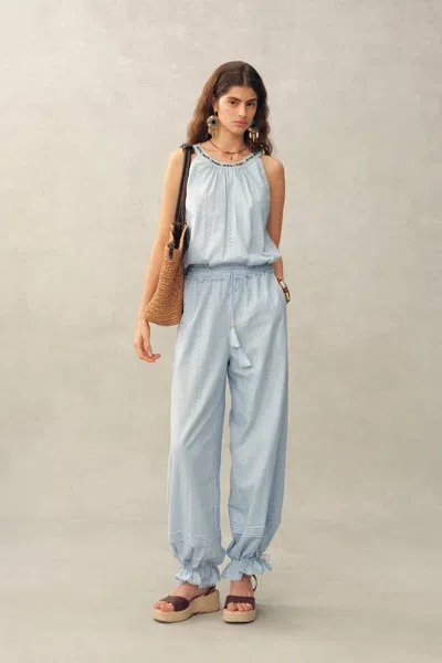 Fabrique Hazel Boho Embroidery Jacquard Halterneck Sleeveless Top And Pants Set In Cotton In Blue