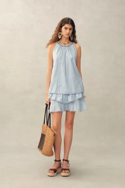 Fabrique Hazel Boho Embroidery Jacquard Halterneck Sleeveless Top In Cotton In Blue