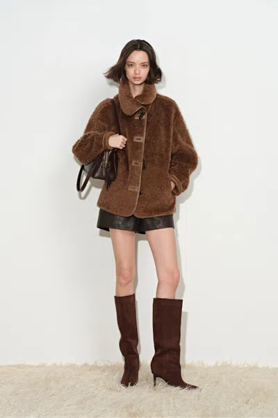 Fabrique Hazel Brown Reversible Shearling Jacket In 100% Wool Pile In Earth Tone