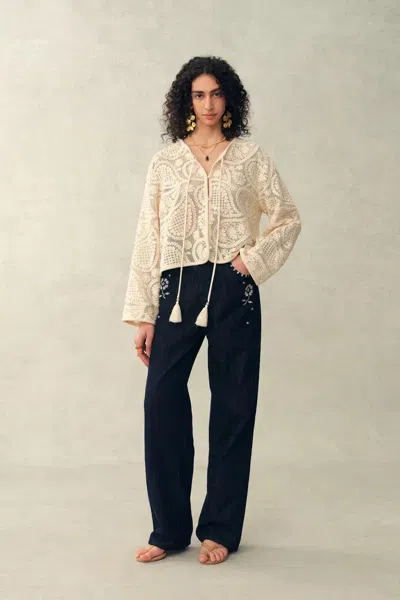 Fabrique Hazel Crochet Paisley Sheer Tassel Tie Blouse In 100% Cotton With Lace In Multi