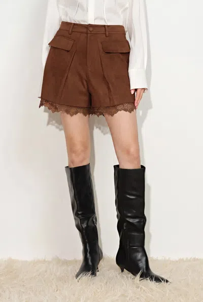 Fabrique Hazel Lace Panel Belted Shorts In Faux Suede In Earth Tone