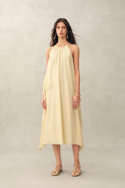 Fabrique Hazel Lace Panel Halter Neck Sleeveless Boho Dress In Silk Cotton Blend In Yellow