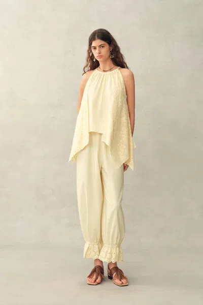Fabrique Hazel Lace Panel Halterneck Sleeveless Top And Pants Set In Silk Cotton Blend In Yellow
