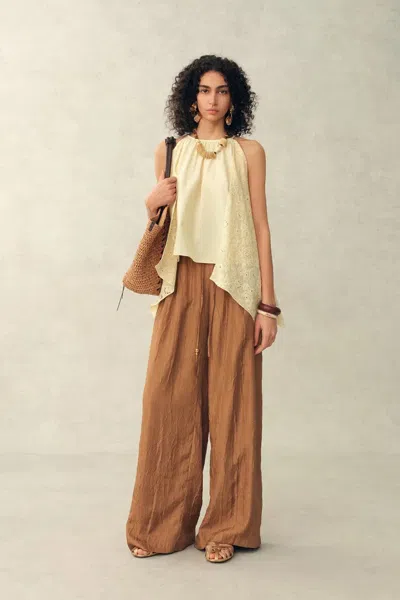 Fabrique Hazel Lace Panel Halterneck Sleeveless Top In Silk Cotton Blend In Yellow