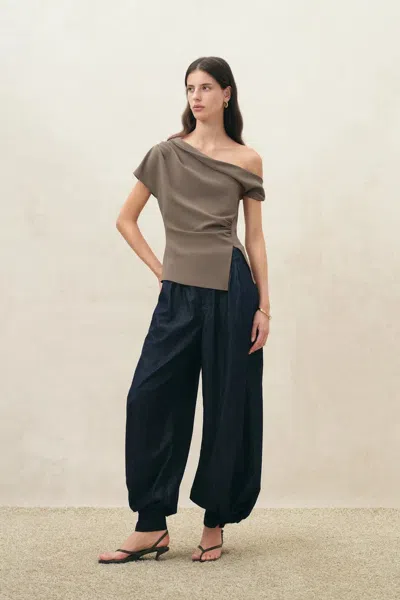 Fabrique Hazel Ruched One Shoulder Top In Gray