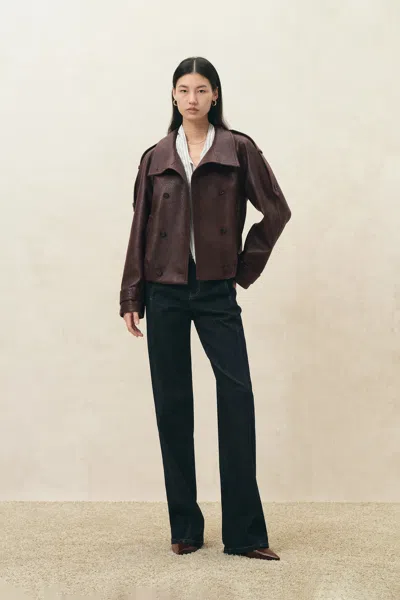 Fabrique Hélène Textured Stand Collar Jacket In Vegan Leather In Brown