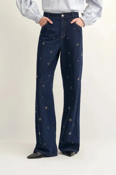 Fabrique Hestia Hand Beaded Star Embellishment Jeans In Lyocell Denim In Blue