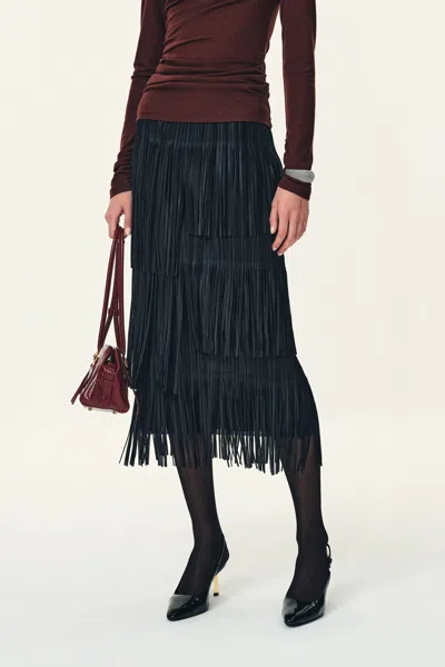 Fabrique Hilda Ruched Asymmetric Fringe Skirt In Black