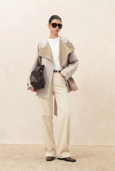 Fabrique Hilda Single Breasted Crop Trench Coat In Wool Gabardine In Neutral