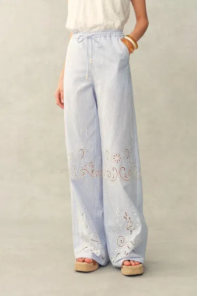 Fabrique Holly Striped Embroidered Drawstring Wide Leg Pant In Crinkled Cotton In Blue