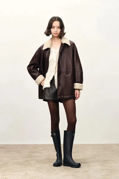 Fabrique Holme Fur Collar Quilted Leather Jacket In Faux Leather In Brown