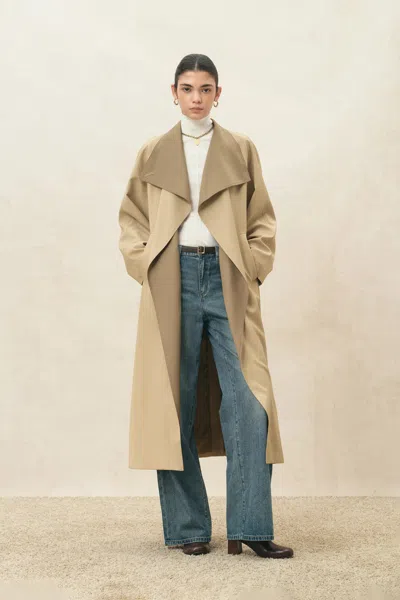 Fabrique Ines Drapey Single Breasted Long Coat In Wool Blend In Earth Tone