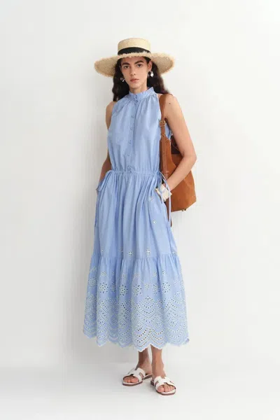 Fabrique Irina Eyelet Embroidery Sleeveless Maxi Dress In Cotton In Blue