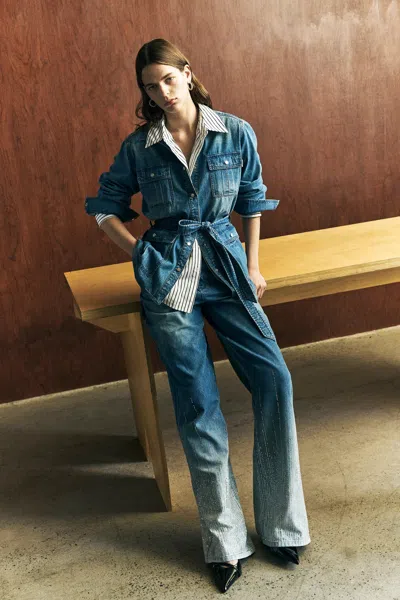 Fabrique Iris Belted Safari Shirt Jacket In Cotton Denim In Blue