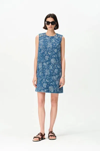 Fabrique Iris Flora Laserwork Round Neck Short Dress In Cotton Denim In Blue
