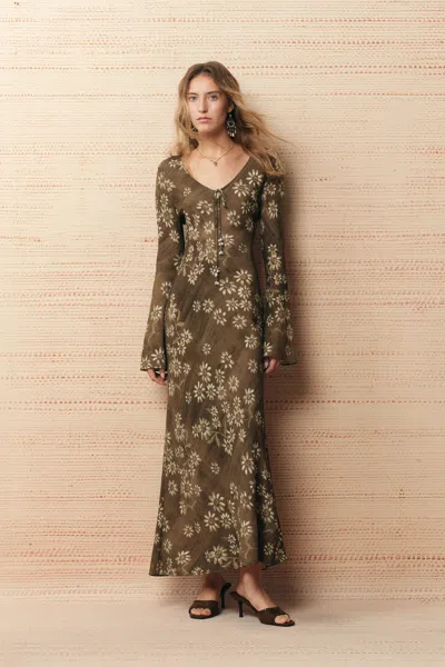 Fabrique Iris Handpainted Floral Dress In Viscose In Earth Tone