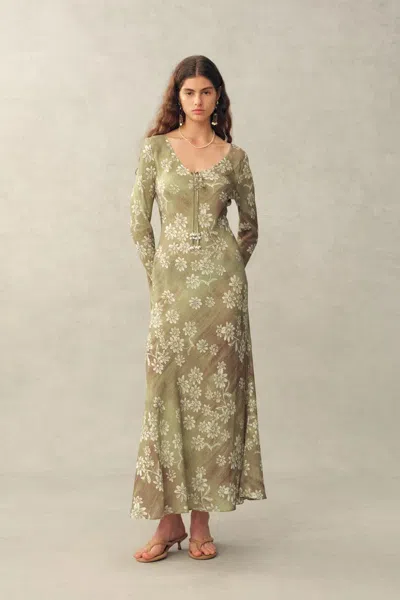 Fabrique Iris Handpainted Floral Long Sleeve Dress In Viscose In Multi