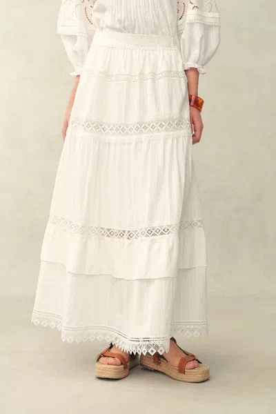 Fabrique Iris Mix Embroidery Lace Patchwork Maxi Skirt In Cotton Jacquard In White