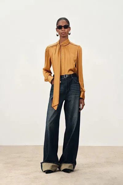 Fabrique Iris Tie Neck French Blouse In Silk Satin In Yellow