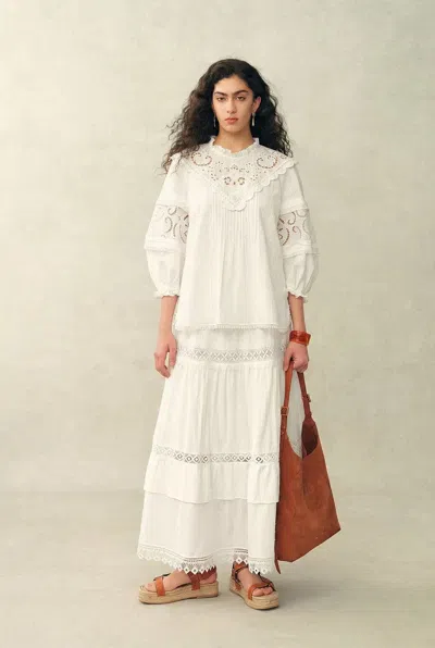 Fabrique Iris V-seam Embroidery Puffy Sleeve Blouse And Skirt Set In Cotton Jacquard In White
