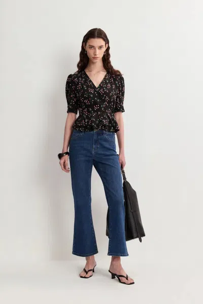 Fabrique Irisa Floral Blouse Top In Matte Mulberry Silk Crepe In Black