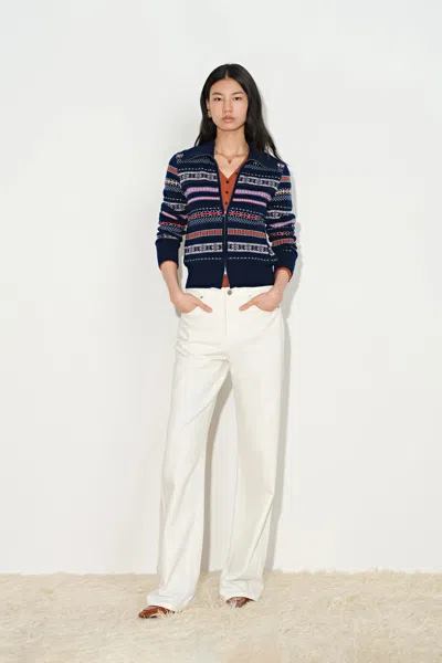 Fabrique Isla Fair Isle Cropped Polo Cardigan In Wool Blend In Blue