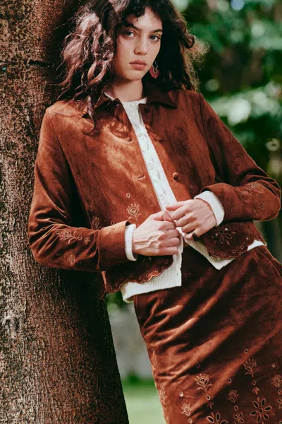 Fabrique Jane Floral Cutwork Embroidery Shirt Jacket In Faux Suede In Earth Tone