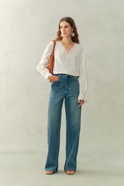 Fabrique Janus Lace-trim V-neck Shirt In Crinkle Cotton In White