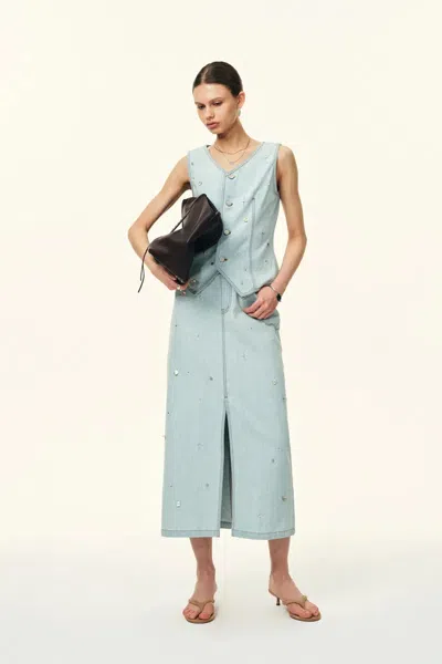 Fabrique Jean Handwork Bead Denim Vest Top And Skirt Set In Cotton Denim In Blue