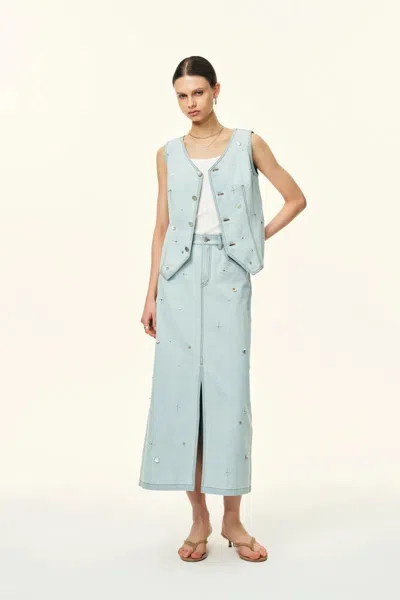 Fabrique Jean Handwork Bead Denim Vest Top In Cotton Denim In Blue