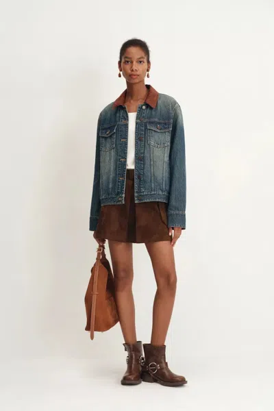 Fabrique Jennifer Hand Sewn Suede Collar Denim Jacket In Cotton Denim In Blue