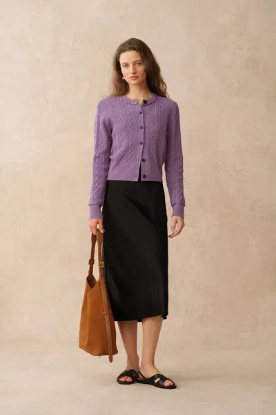 Fabrique Jinji Purple Lace Trim Light Short Cardigan In Wool Cable Knit