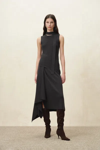 Fabrique Jinkim Scarf Tie Fitted Dress In Silk Cotton Blend Knit In Grey