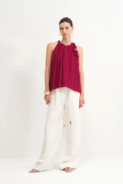 Fabrique Joyce Hand Woven Flora Halter Neck Top In Acetate-linen Blend In Pink