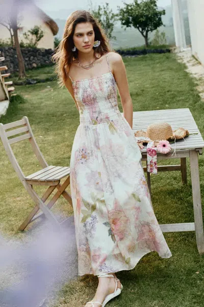 Fabrique Juile Handworked Floral Prints Strap Dress In Silk Linen Blend In Multi