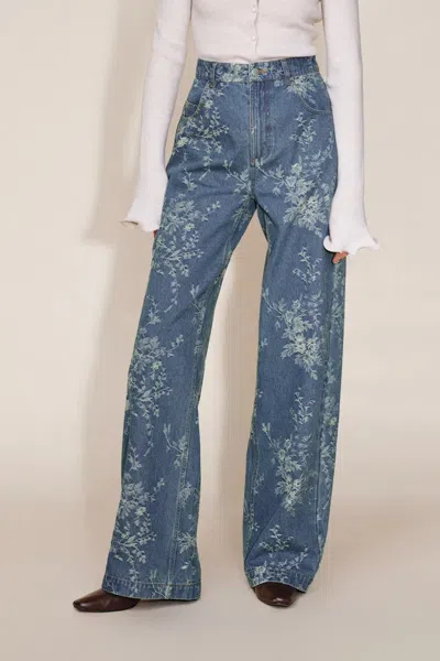 Fabrique Jules Floral Straight Leg Jeans In Jacquard Denim In Blue