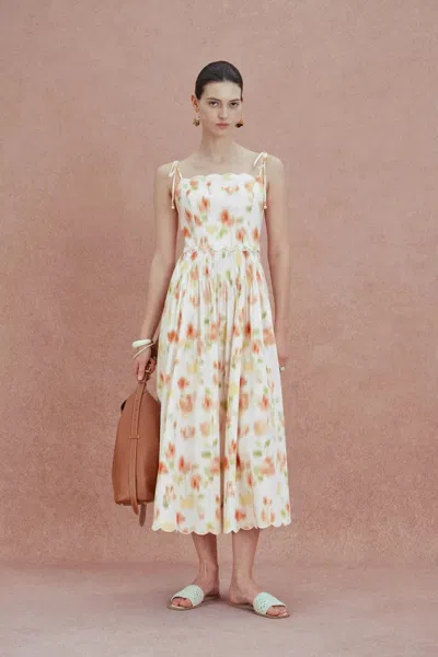 Fabrique Julia Scalloped Hem Flora Strap Dress In Stretch Cotton In White