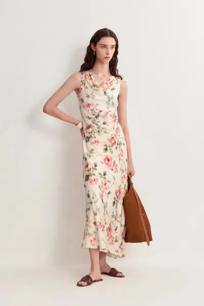 Fabrique Juliet Flora Cowl Neck Sleeveless Dress In Mulberry Silk In Neutral