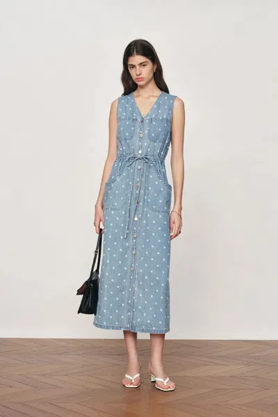 Fabrique June Faded Polka-dot Drawstring Waist Sleeveless Dress In Lightweight Cotton Denim In Blue