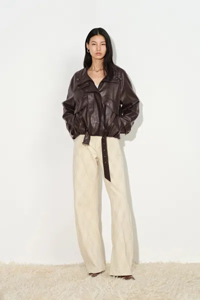 Fabrique Juno Belted Stand Collar Bubble Jacket In Vegan Leather In Brown