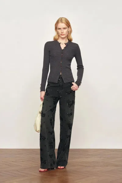 Fabrique Kaia Hand Sewn Buttons Fitted Grey Cardigan In Merino Wool Knit In Gray