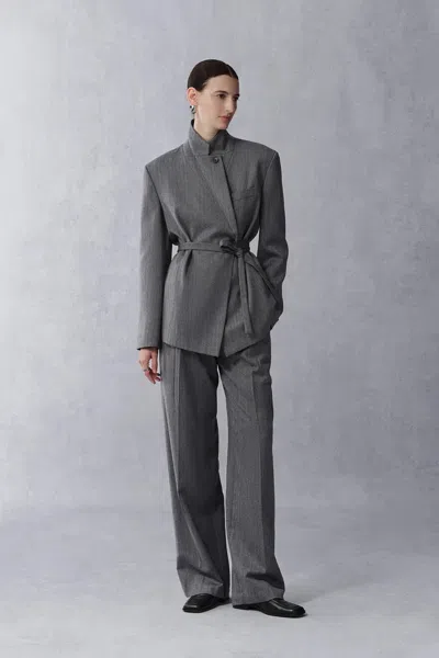 Fabrique Kano Single Button Tie Waist Blazer And Pants Matching Set In Fine Wool Blend In Gray