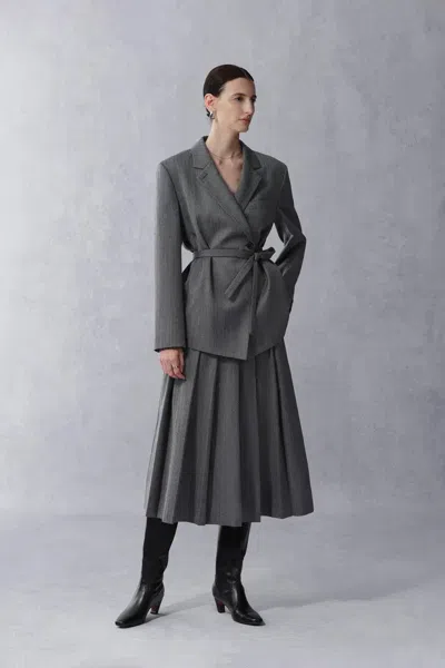 Fabrique Kano Single Button Tie Waist Blazer And Skirt Matching Sets In Fine Wool Blend In Gray