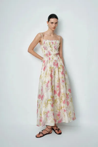 Fabrique Kari Hand Woven Strap Shirred Dress In Silk-linen Blend In Multi