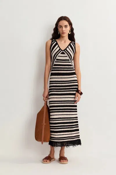 Fabrique Kari Handmade Tassels Ivory White Striped Dress In Cotton Knit In Multi