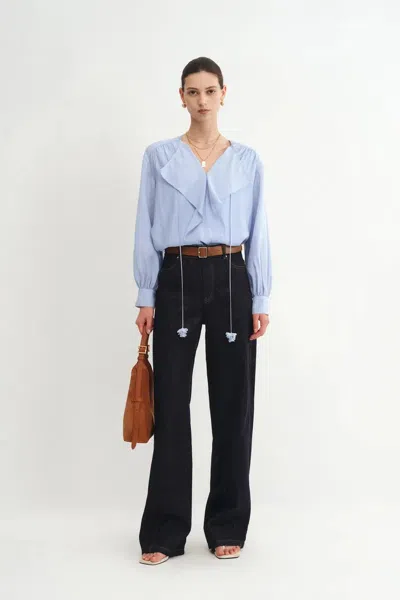 Fabrique Karina Ruffle V Neck Blouse In Acetate-modal Blend In Blue