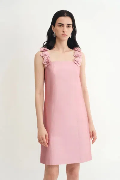Fabrique Katia 3d Handcrafted Flower Strap Dress In Silk-wool Satin In Pink