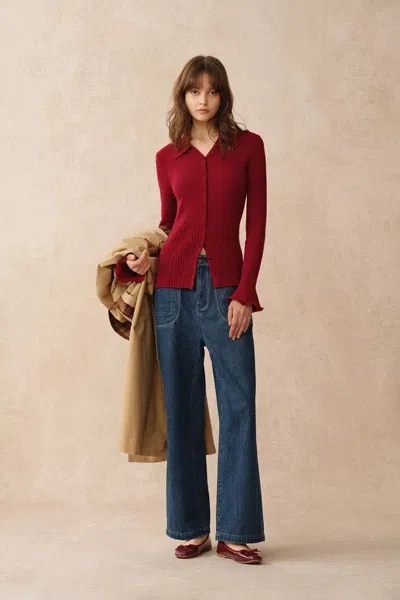 Fabrique Katia Red Beige Wavy Cuff Fitted Collared Cardigan In Stretchy Merino Wool Cable Knit