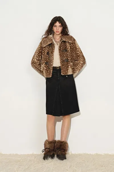 Fabrique Kaylee Horn Button Cropped Jacket In Fawn Print Faux Fur In Brown